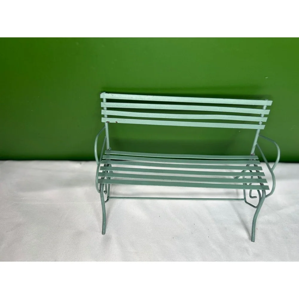 Vintage Miniature Metal Garden Bench Light Green Dollhouse Fairy Garden Decor